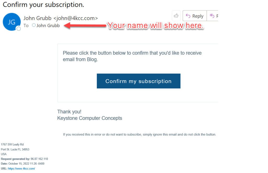 Screenshot of Confirmation Email