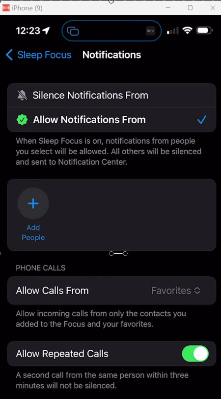 Screenshot of the iPhone Sleep Focus People window