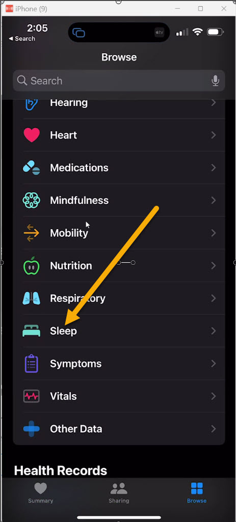 Screenshot of the iPhone Health App menu with an arrow pointing to Sleep