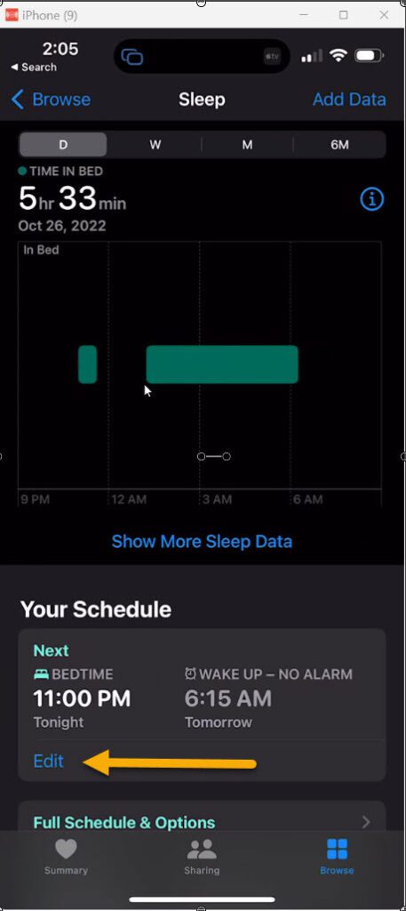 Screenshot of the iPhone Health App Sleep windoiw