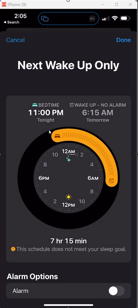 iPhone iOS 16 Sleep Settings - Screenshot of the iPhone Health App Sleep Time Edit windoiw
