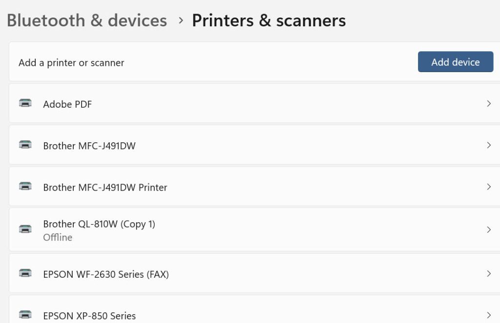 Printers and Scanners window in Windows 11
