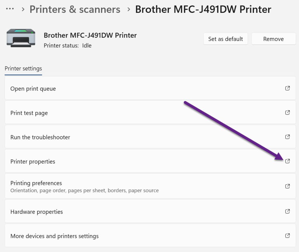 A screenshot of my Brother MFC-J491DW printer in Windows 11 22H2