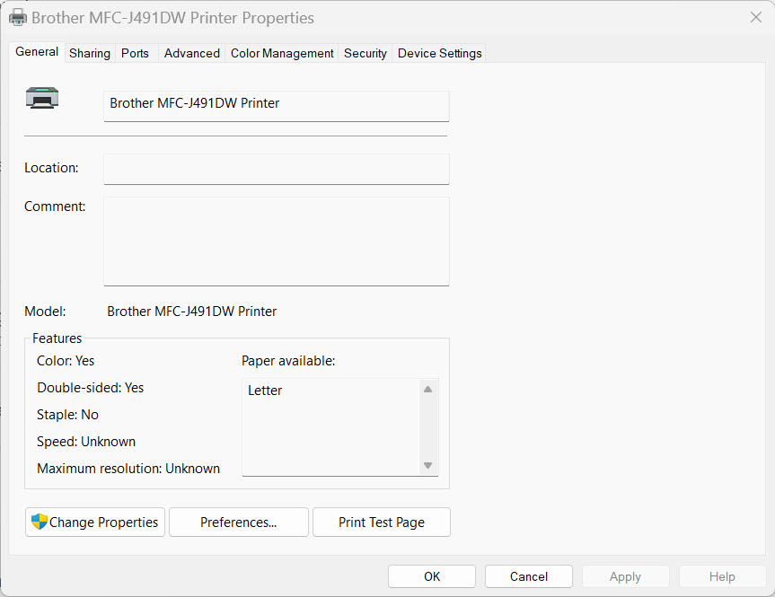 Printer properties window for Brother printer