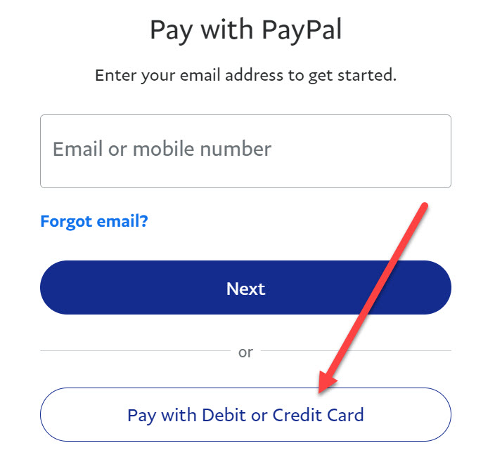 Screenshot of where to click to pay with debit or credit card
