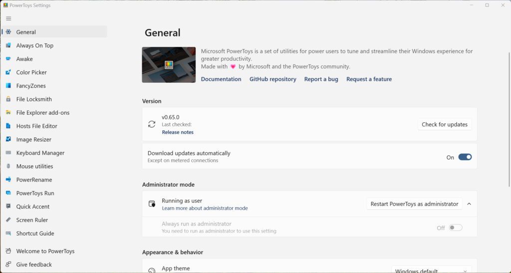 Screenshot of the Microsoft PowerToys app on the General tab
