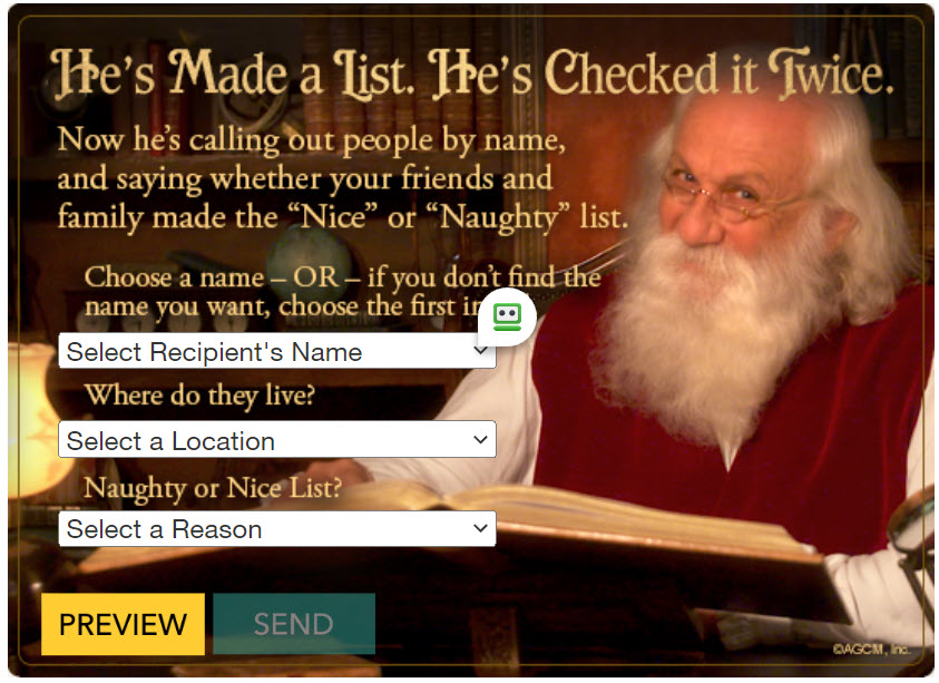 Number 2 on my list of 5 favorite Christmas/Hanukkah E-Greeting Cards - it's Santa with lots of personalization options.