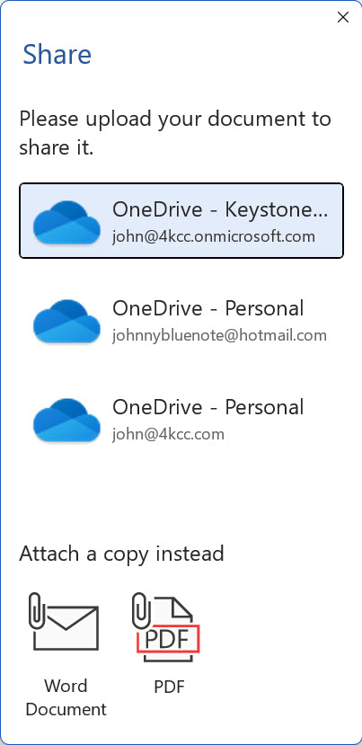 Screenshot of Share menu shwoing OneDrive and attach a copy options.