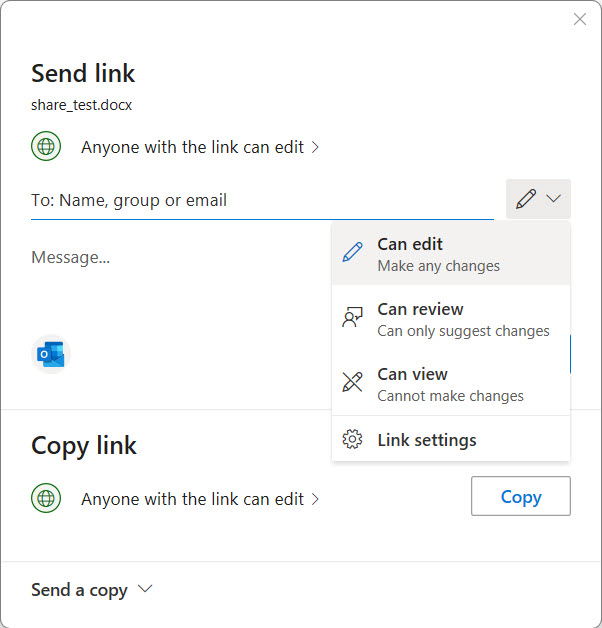 Screenshot of the Share window with the drop-down menu showing as to what people can do - edit, review, view only, etd.