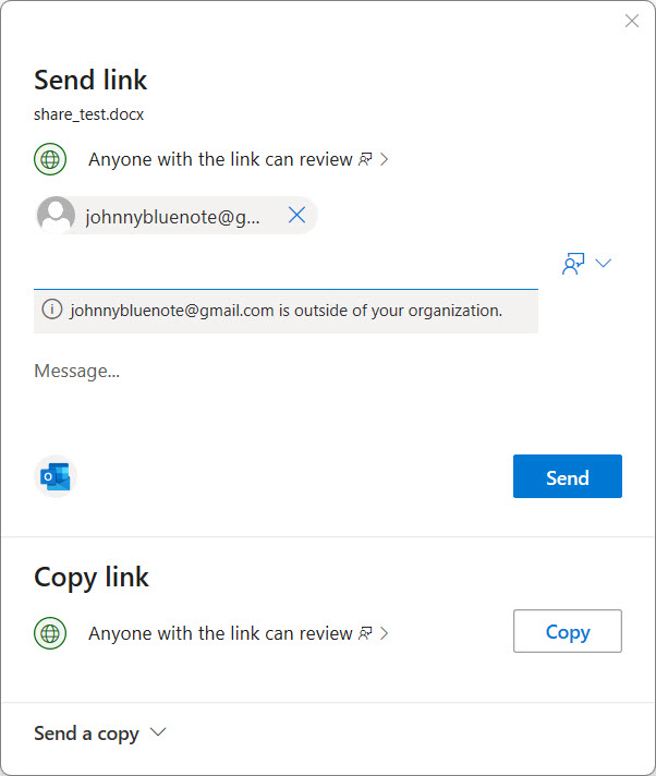 Screenshot of the Share window with an email address typed in.