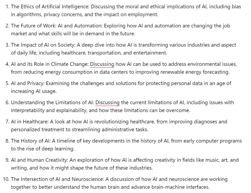 AI Chatbot's 10 ideas for writing a blog post
