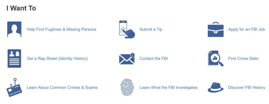 Screenshot of the FBI page's "I Want To" section.