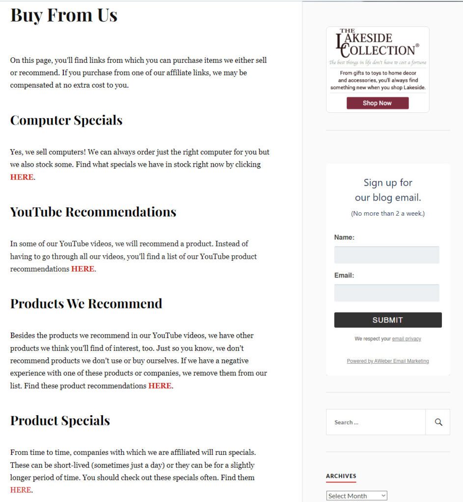 Screen capture of the Buy From Us page on our website