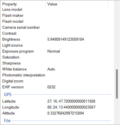 metadata showing latitude and longitude