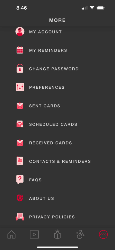 American Greetings E-Cards App menu