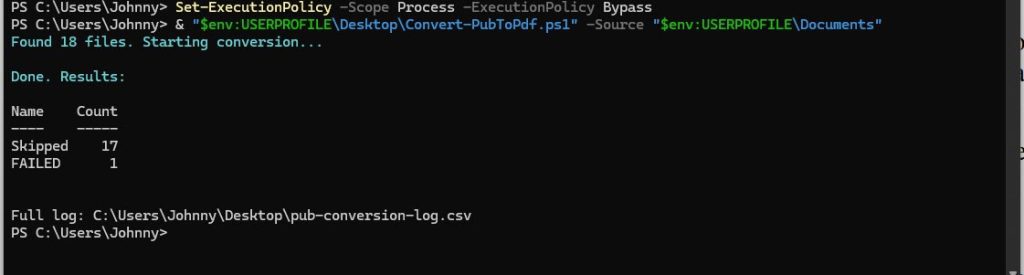 Windows Powershell showing number of Publisher files converter to PDFs.