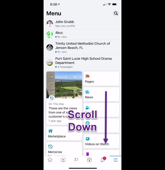 Scroll down on the Menu page. Screenshot of the Facebook Menu page with an arrow pointing to scroll down