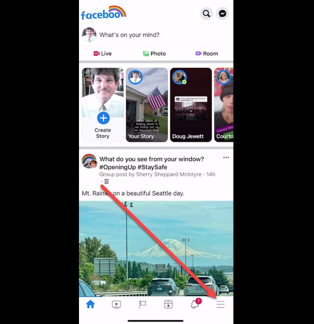 On the Home page, click on the 3 horizontal lines at the bottom right. Facebook Home page with arrow pointing to the three horizontal lines in the lower right-hand corner.