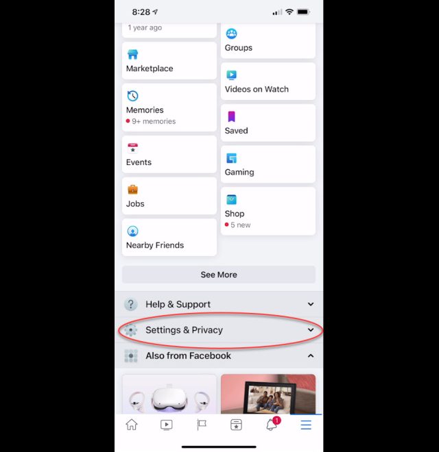 Find and tap on Settings & Privacy Screenshot of the lower half of the Facebook Menu page with Privacy and Security circled