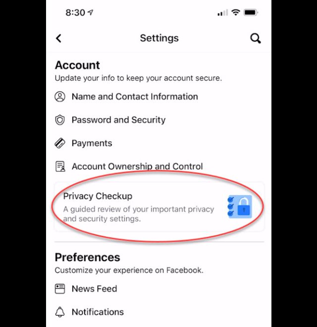 Now you've reached the Privacy Checkup feature! Screenshot of the Facebook Privacy Checkup option