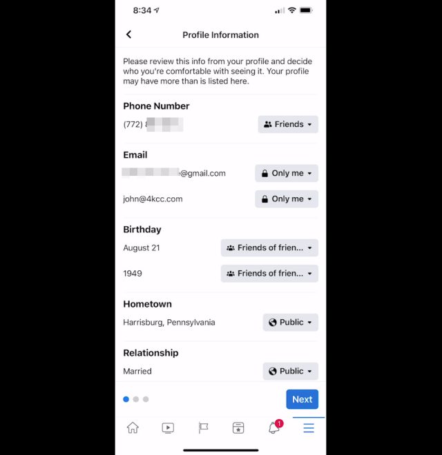 This is the Profile Information which show who can see certain features of your profile. Screenshot of the Profile Information page in the Facebook Privacy Checkup feature.