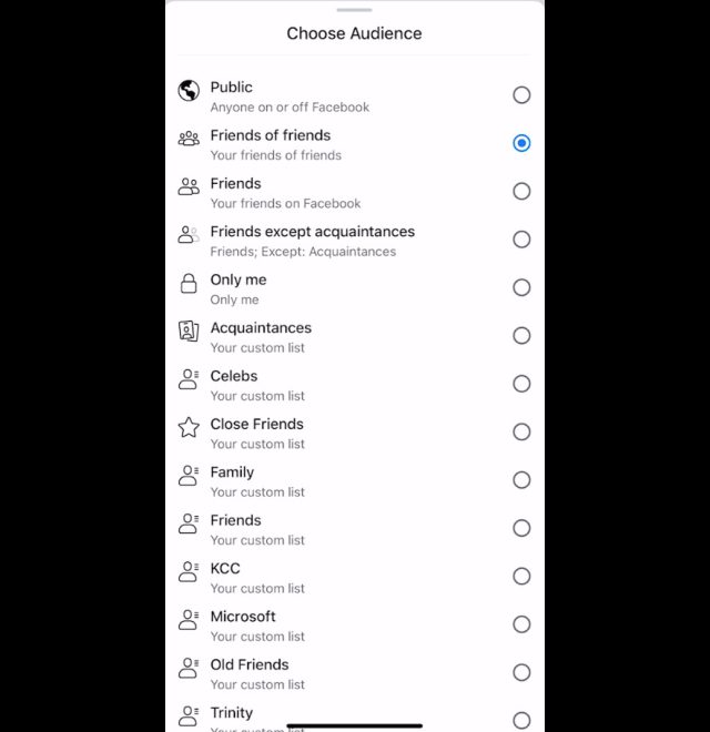 If you tapped on one of the drop-down menus on the previous step of the wizard, you'd see this audience page. You can select who see a feature by using this page. Screenshot of the Choose Audience page in the Facebook Privacy Checkup feature.